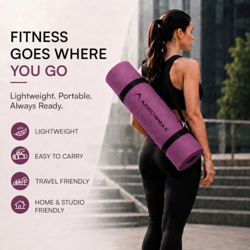 Image of Arrowmax 4mm Yoga Mat with Carry Cover for Men & Women, Anti-Skid Exercise Mat for Yoga, Pilates, Meditation, Stretching & Home Workout, Lightweight Portable Fitness Mat (MAROON)