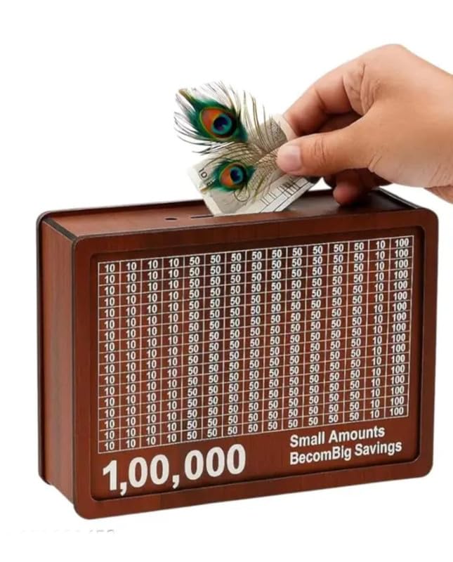 Image of Sevaansh Wooden Money Saving Box 100000 Challenge |Wooden Piggy Bank for Adults & Kids | Money Goal Tracker Box | Home Savings Organizer Gift SE Money Bank 91