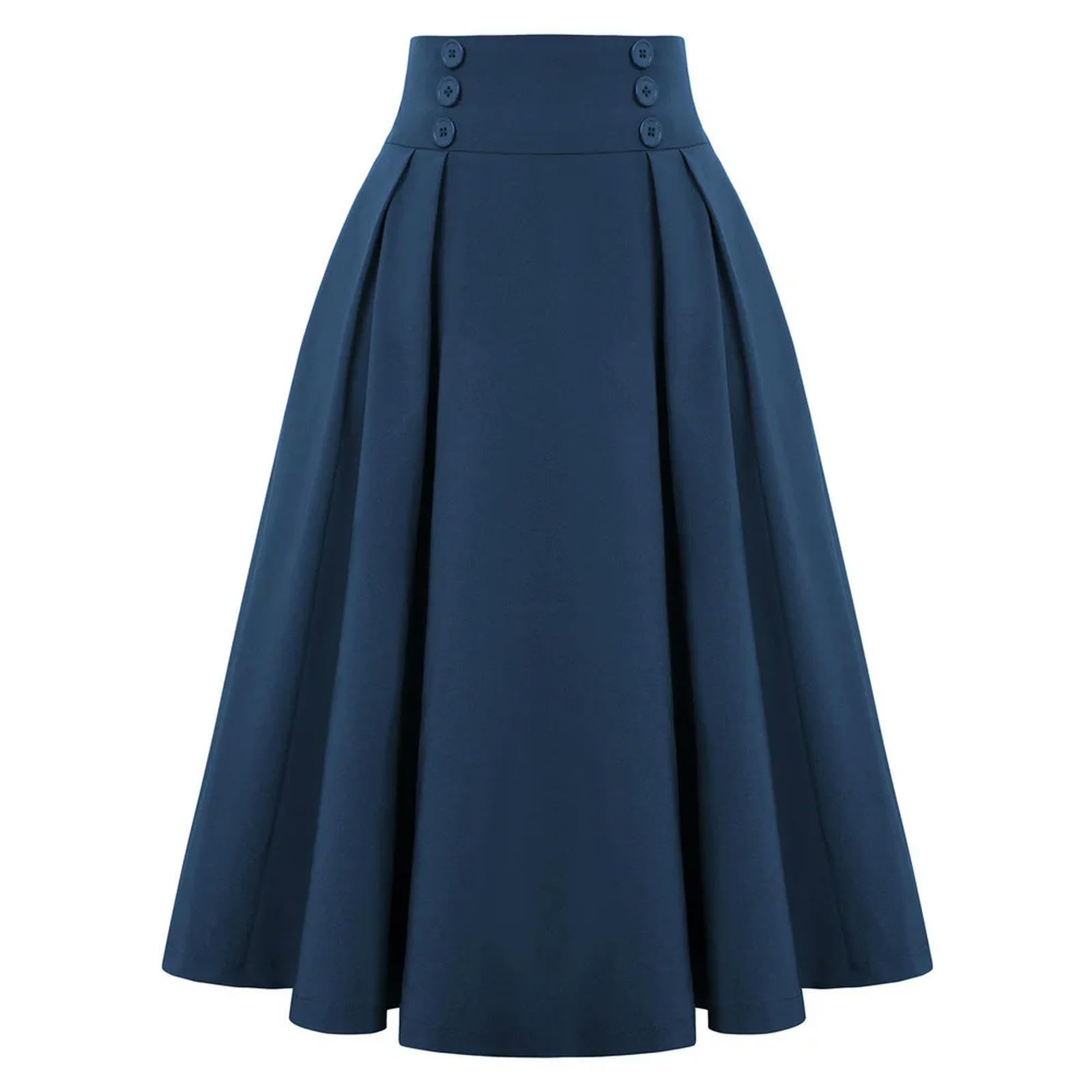 Generic Falda Midi a Cuadros para Mujer Falda Plisada de Cintura Alta con Bolsillos Falda Elegante Acampanada con Cintura elástica en Forma de A-Azul Marino-L