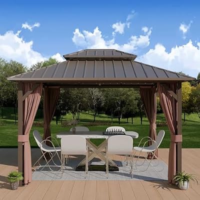 Yardsight 10'x12' Hardtop Gazebo, Outdoor Aluminum Frame Galvanized Steel Double Roof Pavilion with Netting and Shaded Curtains, Permanent Metal Pergolas for Patio, Backyard, Deck and Lawns.
