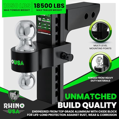 Image of Rhino USA Adjustable Trailer Hitch (Fits 2.5-Inch Receiver)-Heavy Duty Aluminum Tow Hitches with 10-Inch Drop /Rise for Truck (18,500 LBS GTW)- Weatherproof Double Anti-Theft Locking Hitch Pins (Black)