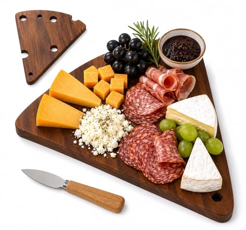 Zavra Triangle Acacia Wood Charcuterie Board with Hard Cheese Knife - 11.5" x 10" Wooden Serving Platter & Cutting Board Set for Meat, Fruit, and Cheese - Kitchen Entertaining Essentials