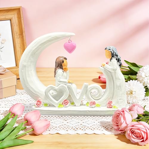 Figura decorativa madre e hija en resina con corazón rosa miniatura 4