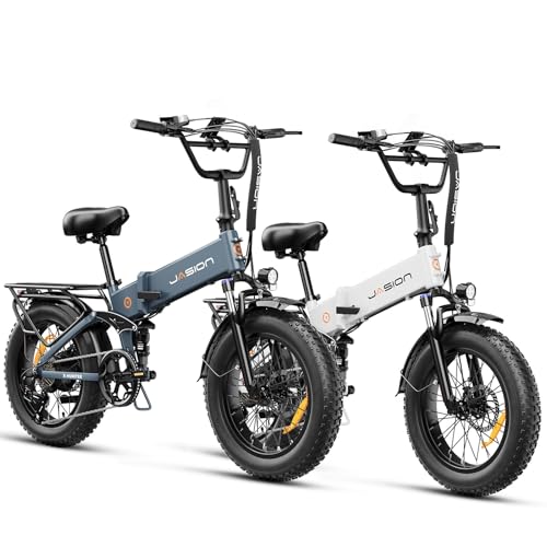 Jasion X-Hunter Electric Bike for Adults,1400W Peak Motor 30MPH Max Speed 48V 13AH Removable Battery,Full Suspension System Design,20''*4.0 Fat Tire Foldable Ebike,7-Speed Bicycles,Blue+White