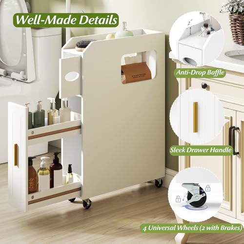 LIFEZEAL Badezimmerschrank klein, Nischenschrank mit Toilettenpapier-Box, Bürstenhalter & Schublade, Badschrank Nischenregal schmal für Waschküche, Wohnzimmer, Badezimmer (Weiß)