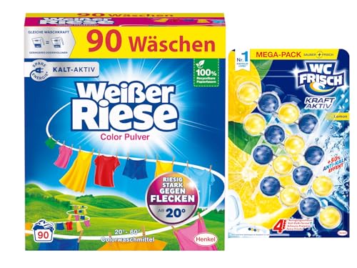 Weißer Riese Color Pulver (90 Waschladungen), Colorwaschmittel wirkt riesig stark gegen Flecken, Kalt-Aktiv schon ab 20° C + WC Frisch Kraft Aktiv Duftspüler Lemon (1x200g) Weißer Riese Color Pulver (90 Waschladungen), Colorwaschmittel wirkt riesig stark gegen Flecken, Kalt-Aktiv schon ab 20° C + WC Frisch Kraft Aktiv Duftspüler Lemon (1x200g)