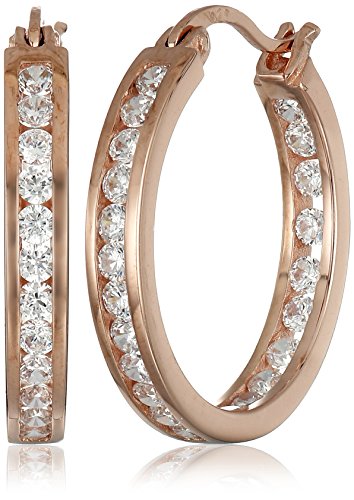 Rose Goldtone Finish Silver Cubic Zirconia Medium Round Hoop Earrings (3/4 cttw)
