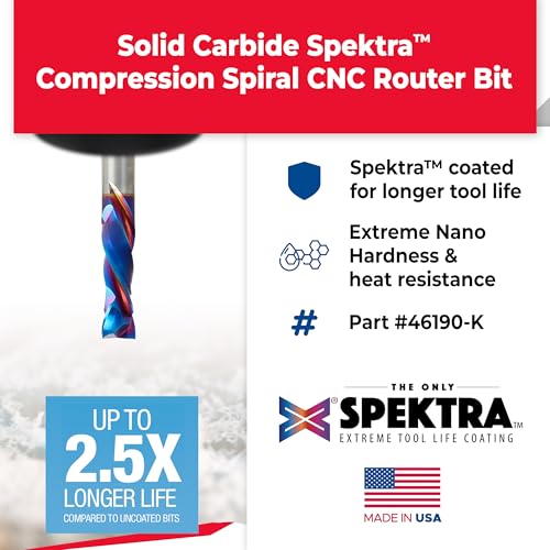 Image of Amana Tool Spektra Extreme Tool Life Solid Carbide CNC Compression Spiral Router Bit, 46190-K, 1 /2 D x 1-5 /8 CH x 1 /2 Shank x 3-1 /2 Inch Long 2 Flute