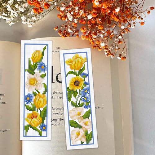 Image of BEUNITONE 6 Pcs Flowers Cross Stitch Bookmark Kit for Adults Beginners Vivid Floral DIY Stamped Embroidery Bookmark Punch Needle Kit with Instructions for Book Lovers Reader Writer Gift 8''x2.4''