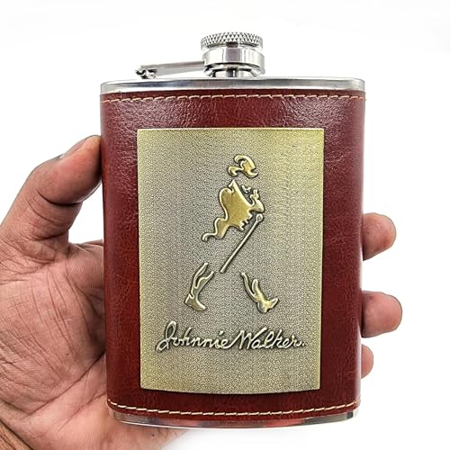 Image of JWPM Stainless Steel Hip Flask with Funnel 8 Oz (236 ml) I Stitched PU Leather Cladding with Metal Plate Design Whiskey Flask I Unisex Alcoholic Drinks Holder Pocket Bottle (JWP Maroon+Funnel)