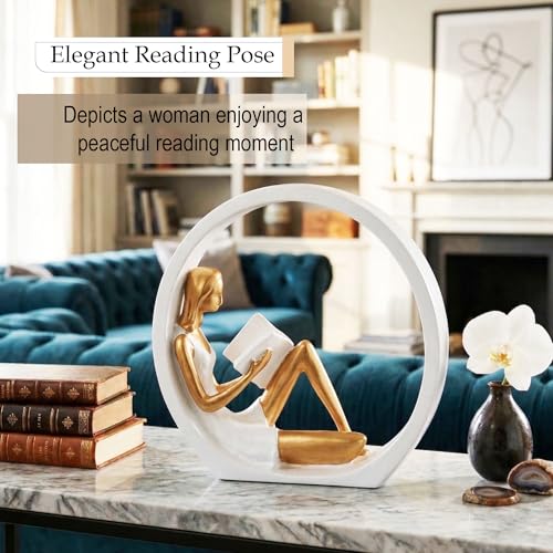 Image of Kuber Industries Resin Sitting Ring Girl Sculpture Idol | Reading Girl Statue Ornaments for Home /Office /Living Room /Table /Bookshelf /Desk | White & Golden