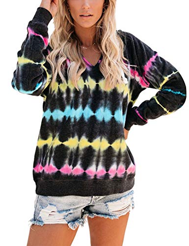 Blooming Jelly Women's Tie Dye Hoodie V Neck Long Sleeve Casual Loose Pullover Sweatshirt(Multicolor,M)