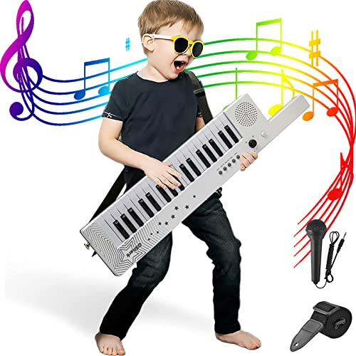QShark Digital Piano Keyboard 37 Keys, Portable Karaoke Keytar w/Microphone & Carry Strap, 4 Tones, 4 Rhythms, 10 Demo Songs, Rechargeable, Guitar Birthday Gift Toy for Boys Girls Kid Age 3+, White