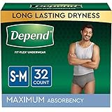 Depend FIT-FLEX Incontinence Underwear for Men, Maximum Absorbency, Disposable, Small/Medium, Grey, 32 Count