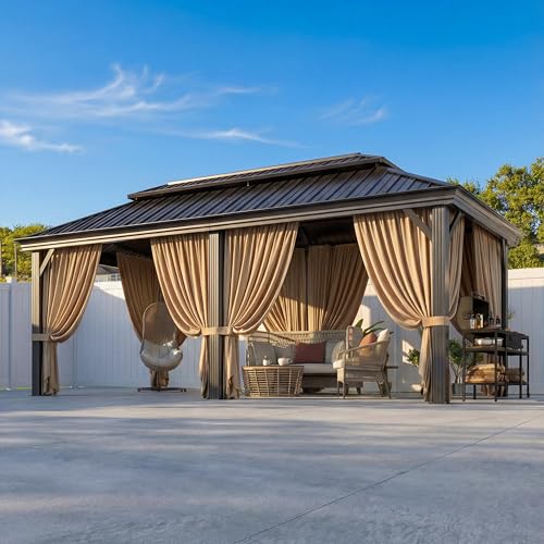 Image of Hoteel 6x8ft Grill Gazebo Hardtop with 2 Side Shelves, Outdoor BBQ Gazebo with Galvanized Steel Double Roof for Patio Backyard Garden,Brown
