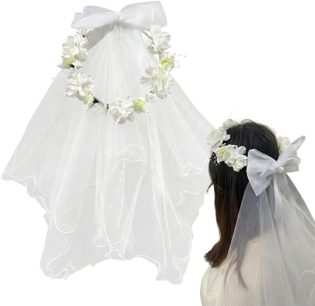 Girls First Communion Veil with Floral Crown & Bow, White First Holy Communion Headpiece for Catholic Ceremony