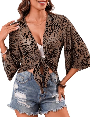 Image of Totatuit Women's Short Cardigan Bolero Sheer Shrug Tie Open Front Bell Sleeve Summer Cropped Bolero Cardigan