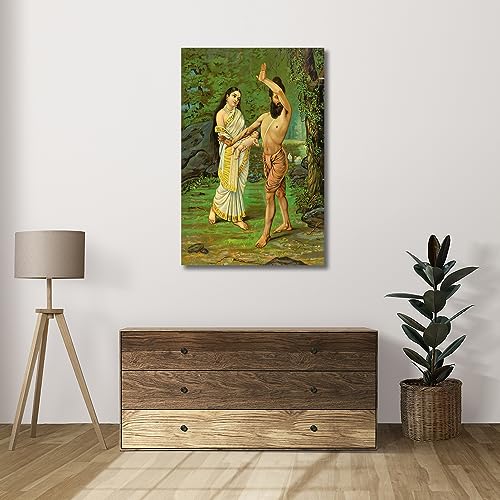 Image of Sikhash Raja Ravi Varma Canvas Painting - Classic Art, Indian Art, Mahabharata - Birth of Shakuntala, 12x8 inches (30x20 cm), Unframed, Multicolor, Living Room Wall Art