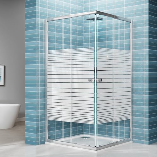 LARWORKS Duschkabine Eckeinstieg Variabel 75-90 cm, Duschwand mit Doppel Schiebetür für 80x80 cm 90x90 cm, 4 mm ESG Sicherheitsglas mit Nanobeschichtung, 180 cm Höhe, Silber Grau Querstreifen Dekor