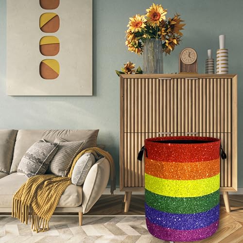 Image of Shiny Rainbow Laundry Basket Oxford Cloth Foldable Hamper 18.9x16.5 Inch | With Handle Tote Bag Colorful Laundry Hamper Clothes Storage Bucket Toy Organizer For Bathroom /Laundry /Bedroom