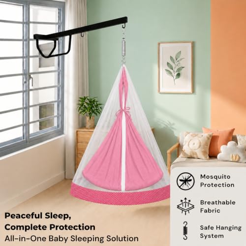 Image of VParents Sleeping Essentials with Mosquito Net & Spring with Window Stand, Small Dot (Red)