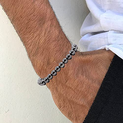 WAINIS 8 Pcs Hematite Bracelet Set for Men Women Stretch Round Bead Stone Bracelet Unisex Jewelry Gift2