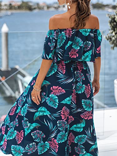 Image of CUPSHE Women Ruffle Floral Maxi Summer Dress Off Shoulder Short Sleeve Backless Flounce Bodice Slit Hem Beach Dresses