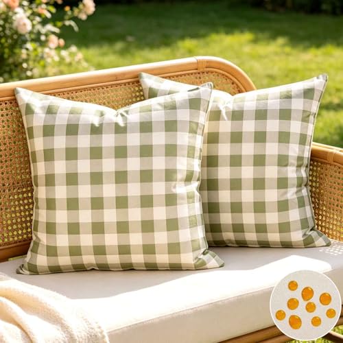 Housse Coussin 40x40 à Carreaux Vert Sauge et Blancs Taie Oreiller Imperméable Extérieur Carré Housse Coussin Decoratif Canape Décoration pour Canapé,...