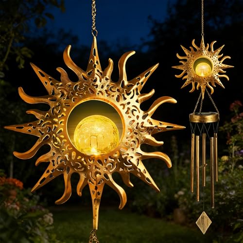 Solar Sun Light Wind Chimes for Outside - LED Sun Garden Night Lights, Waterproof Crackle Glass Ball Wind Chimes, Outdoor Patio Decor, Solar Light for Yard Garden Patio Proch Tree Wall, Gift for Women