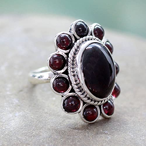 Novica Garnet .925 Sterling Silver Floral Ring, Scarlet Petals' #TOP1