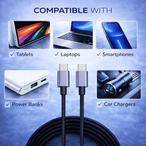 Image of ELVIX USB C to USB C Cable 100W Fast Charging Power Delivery, Nylon Braided Type C Cable, 480Mbps Data Transfer Speed, Heavy Duty, Compatible with Laptop, Smartphone, Tablet, Power Bank & Car Charger