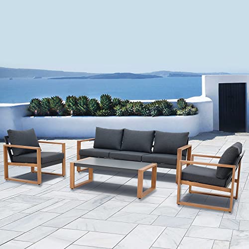 SKYLANTERN Salon de Jardin Duisburg - Salon de Jardin 5 Place Effet Bois - Salon de Jardin avec Sofa, Fauteuil et Table Basse
