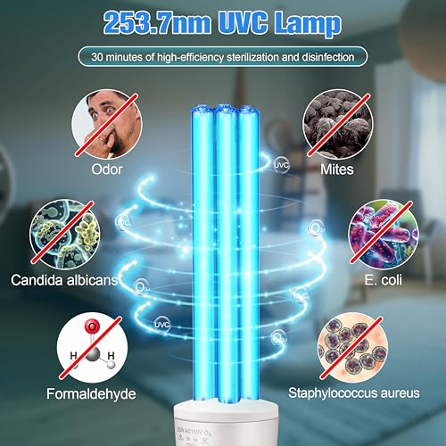 Qualirey 25 Watt UV Light, UVC Lamp with E27 Base and Remote Control and UV Protection Glasses, UV Light Bulb for Basement/Bedroom/Kitchen(with Ozone) - Image 3