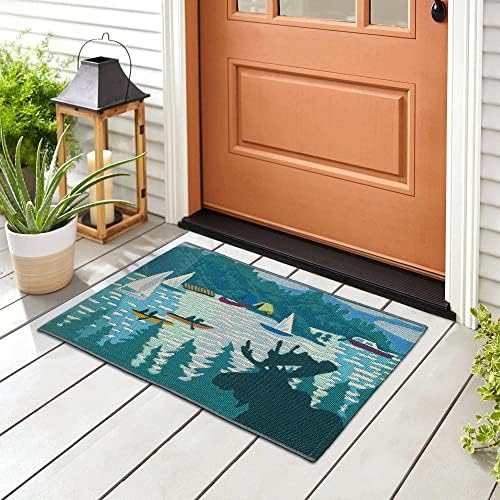Liora Manne Esencia Machine Washable Non-Slip Low Profile Indoor/Outdoor Mat-Transitional, Camping, Nature, Whimsical, Lake Life Blue 2' x 2'10"