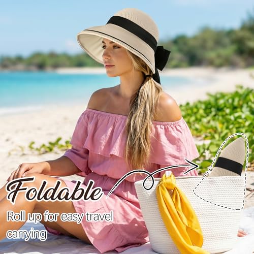 Sombrero de mujer con ala ancha y lazo estilo playa miniatura 3
