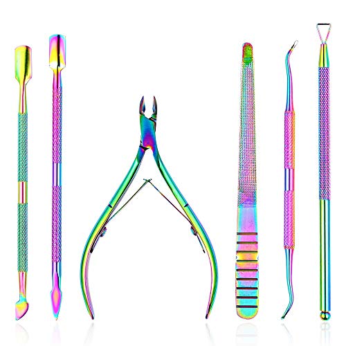 Cuticle Trimmer and Cuticle Pusher Multiple Functional Manicure Set with 6pcs Professional Stainless Steel Tools, Colorful Cuticle Clipper for Women