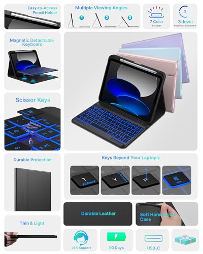 Image of typecase Folio Keyboard Case for iPad 10th Gen 10.9 inch (2022) and iPad 11th (A16, 2025), Magnetic Wireless Detachable Keyboard, 7-Color Backlight, Thin & Light, Pencil Holder - Black