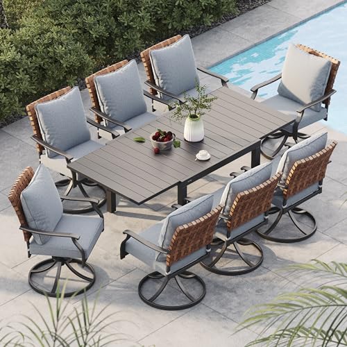 Image of Grand patio 9-Piece Outdoor Dining Set, 8 Leather-Look Wicker Swivel Patio Chairs & 1 Extendable Rectangular Dining Table, Black