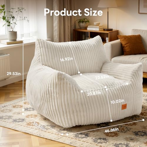 Image of Giant Bean Bag Chair, Oversized Bean Bag Couch for Adults, Fluffy Corduroy BeanBag with Armrests for Living Room, Bedroom, Dorm Vacuum-Compressed for Easy Gifting, 48h to Expand, Beige