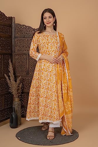 Image of MEERA FAB Women's Cotton Printed Anarkali Kurta with Palazzo & Dupatta Set