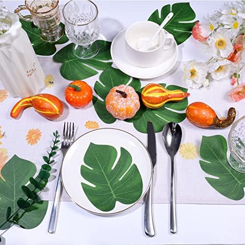 KINBOM 24 Pcs 6 Inch Artificial Palm Leaves, Tropical Faux Leaves Green Faux Monstera Leaves for Hawaiian Luau Jungle Party Safari Birthday Table Decorations (S)