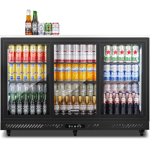BODEGA BODEGACOOLER Back Bar Cooler, 12 Cu.Ft Commercial Beverage Refrigerator with 3 Sliding Glass Doors, Stainless Steel Top, Beverage Fridge for Beer Wine Soda, with Casters, Automatic defrosting