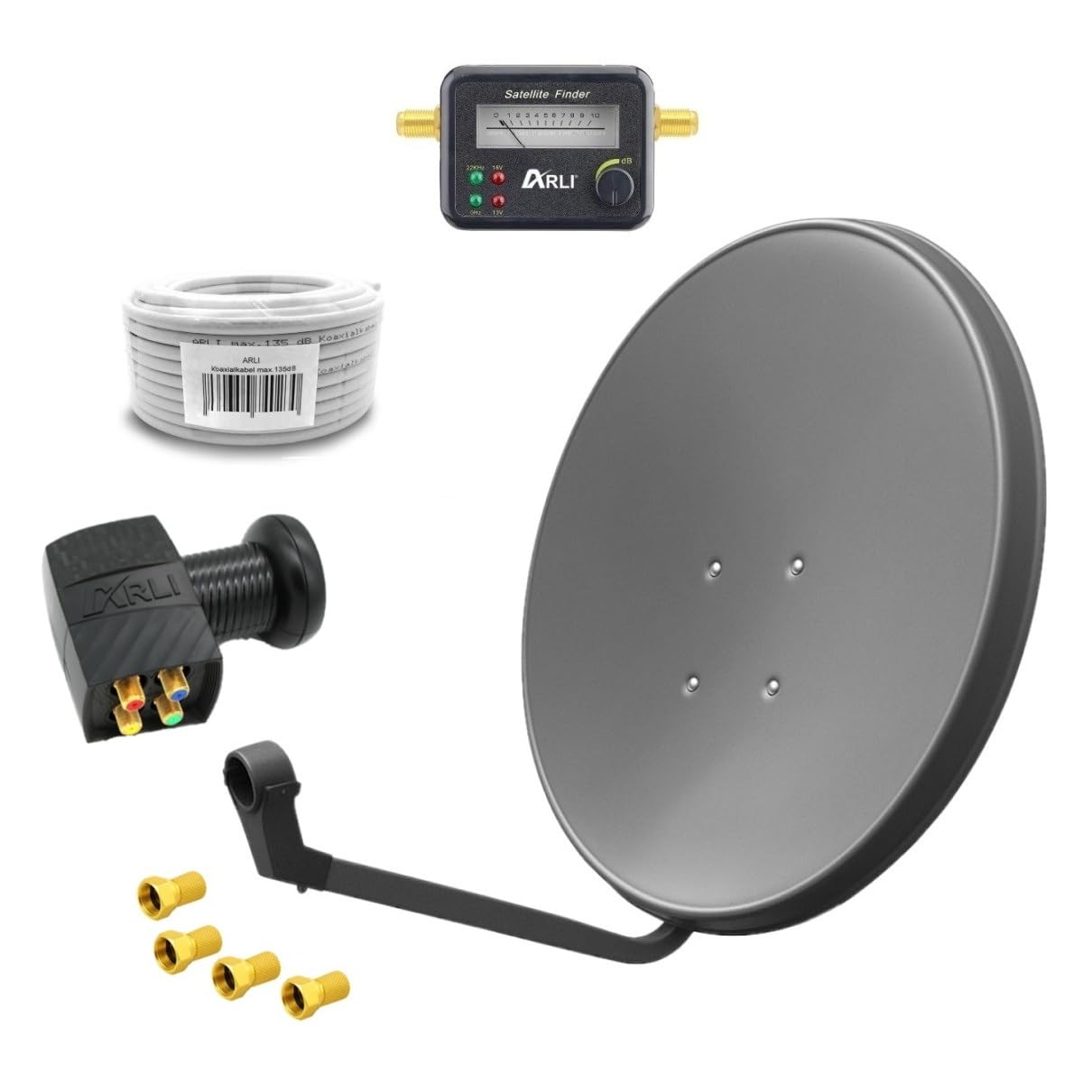 HD Sat Anlage Quad LNB 60 cm 15 m Koaxialkabel 135 dB Satfinder 4 F-Stecker Digital 4 Teilnehmer Antenne Grau UHD 4K