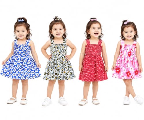 Image of Baby Girl's Knee Length Comfortable Square Neck Multi-Color Frock (Pack of 4)