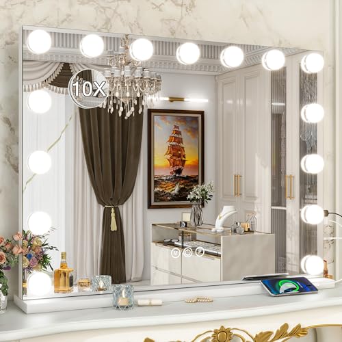 FENNIO 32x25 Hollywood Vanity Mirror with Lights - Large Lighted Makeup Mirror with 10X Magnification, 15 Dimmable LEDs, 3 Color Modes, and USB Charging Port for Desk or Wall-Mounted Use