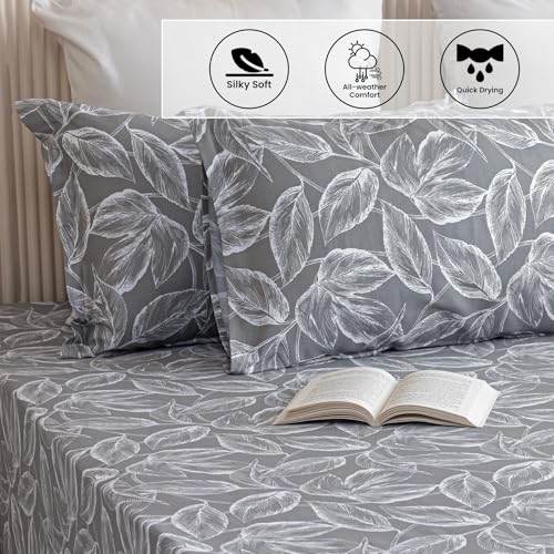 Image of HOMEMONDE Cotton Bedsheet for Double Bed Soft Luxury Leaf Printed 210 TC Flat Sheet with 2 Pillow Covers, Perfect for Home Decor & Gifting - (84 x 90 Inch, Grey)