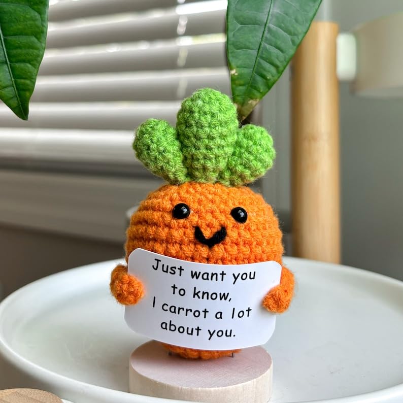 Image of Cute Emotional Support Crochet Toys Handmade Gifts with Message for Women Men Friends Coworkers, Birthday Christmas Valentine's Gift (Carrot)