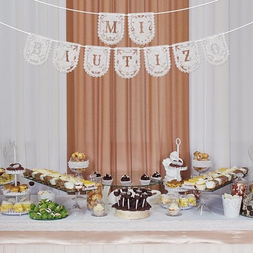 Image of Mi Bautizo Banner - God Bless Banner, Mi Primera Comunion Decor, First Holy Communion Sign, Baptism Christening Baby Shower Party Decorations Silver Glitter