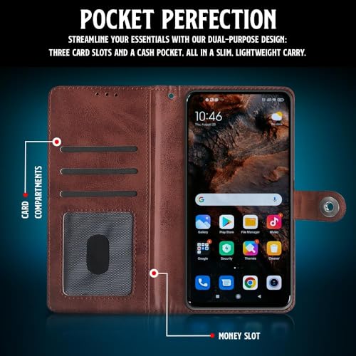 Image of WOW IMAGINE Shock Proof Flip Cover Back Case for Samsung Galaxy M04 | F04 | A04e (Magnetic Button Flip Case | Wallet Pockets & Stand | Leather Finish | Coffee)