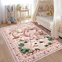 Geanup Unicorn Area Rug for Living Room 120x180cm, Pink Fantasy Animal Washable Kids Rug for Bedroom, Non Slip Low Pile Floral Floor Carpets for Girls Playroom Nursery Dining Room Kitchen Office